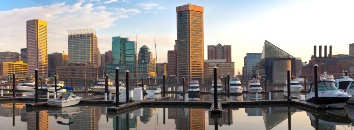 Downtown city skyline, Inner Harbor and marina, Baltimore, Maryland, USA